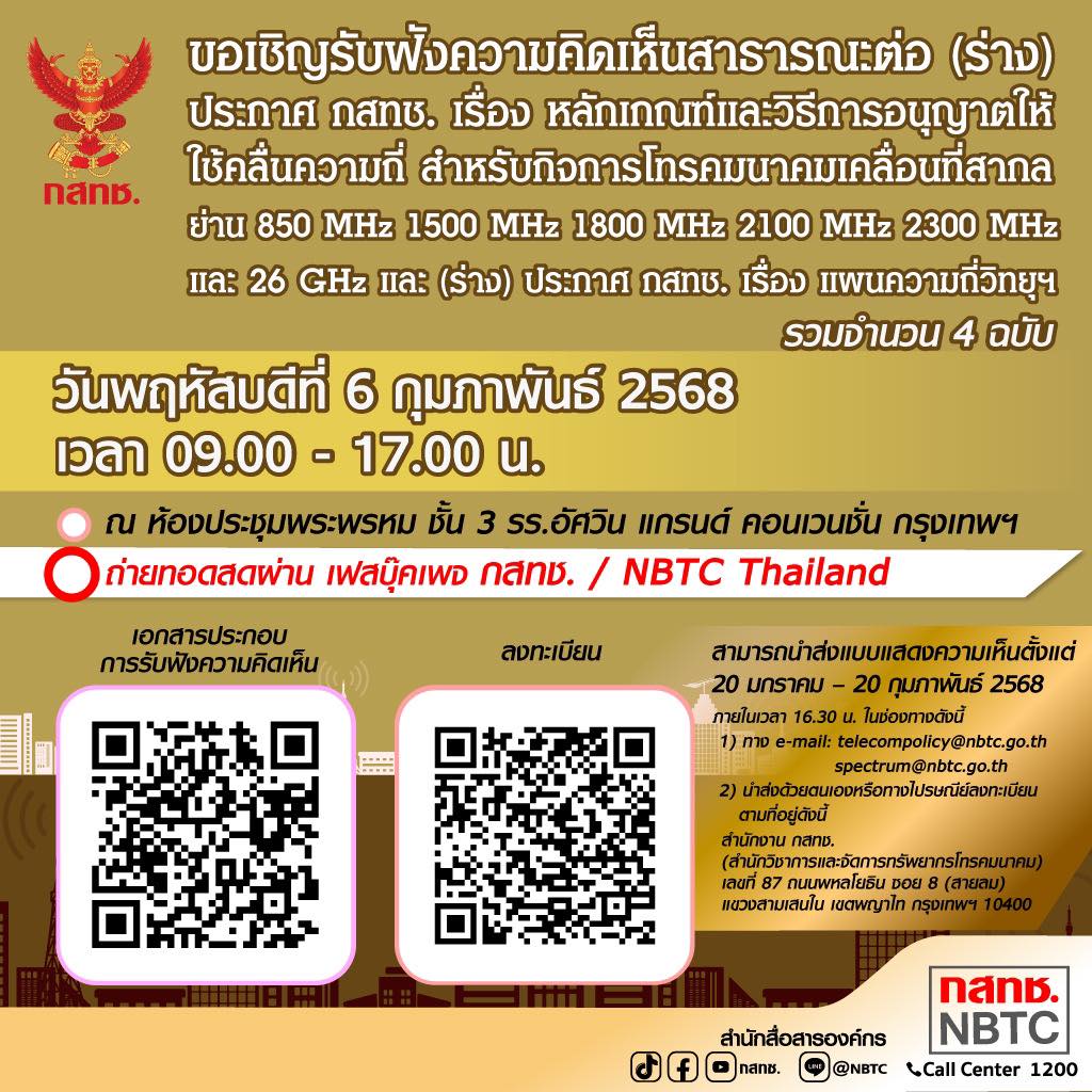 ขอเชิญร่วมการประชุมรับฟังความคิดเห็นสาธารณะต่อ (ร่าง) ประกาศ กสทช. เรื่อง หลักเกณฑ์และวิธีการอนุญาตให้ใช้คลื่นความถี่ สำหรับกิจการโทรคมนาคมเคลื่อนที่สากล ย่าน 850 MHz 1500 MHz 1800 MHz 2100 MHz 2300 MHz และ 26 GHz และ (ร่าง) ประกาศ กสทช. เรื่อง แผนความถี่